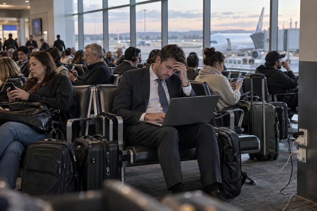 Illustrative scene: traveler balancing a laptop on their knees at a crowded airport gate with occupied outlets.