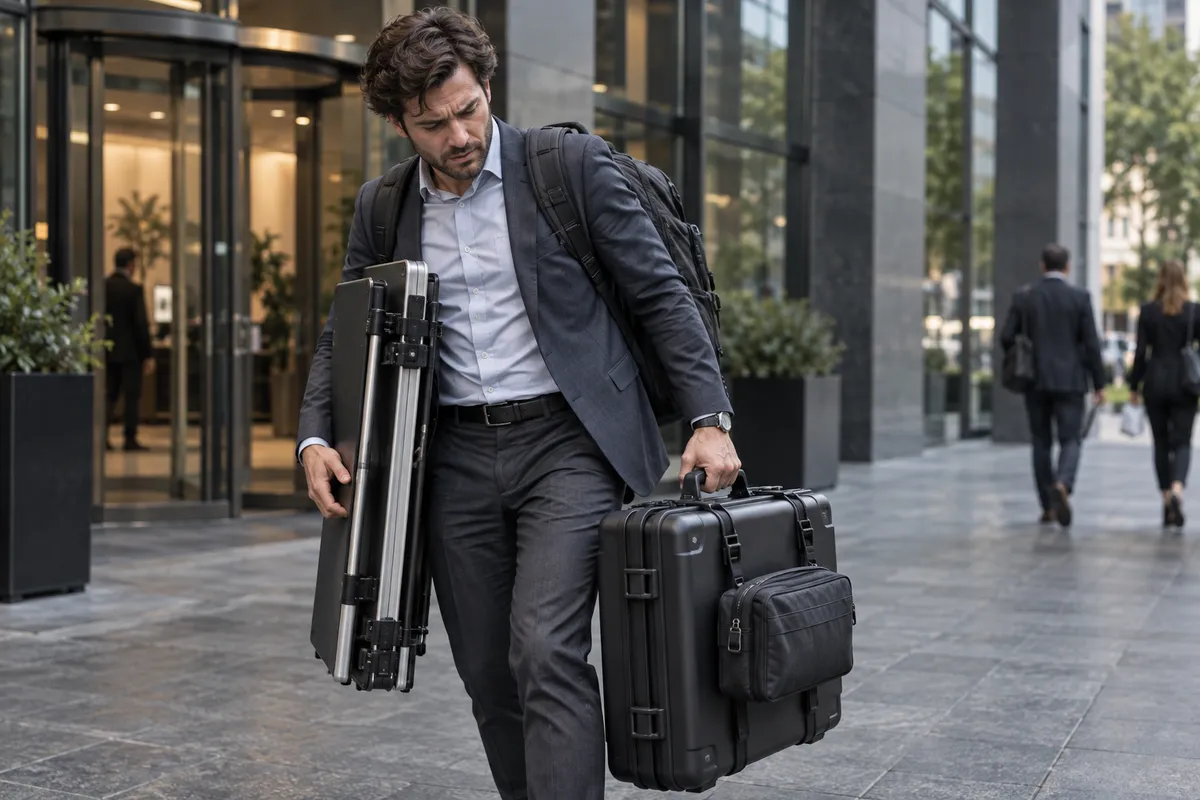 Illustrative scene: traveler carrying a separate folding table, backpack, equipment case, and charger pouch.