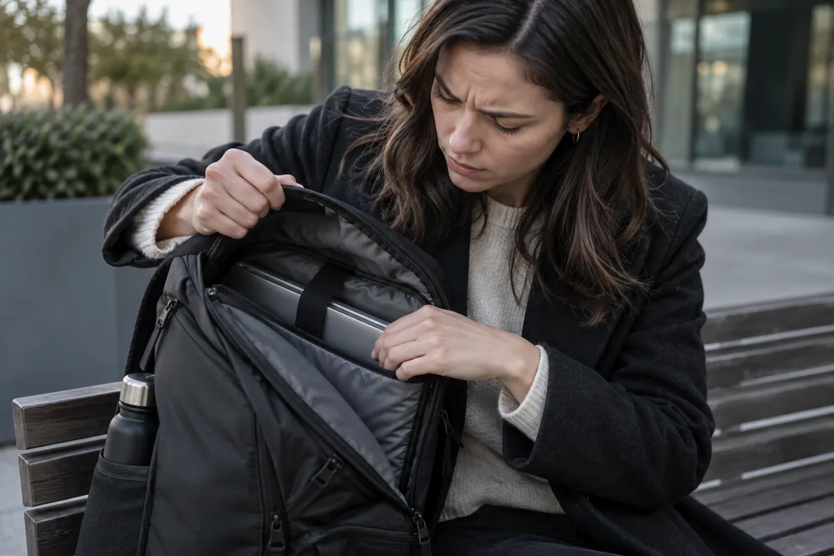Illustrative scene: person opening an ordinary laptop bag to check a tightly packed device.