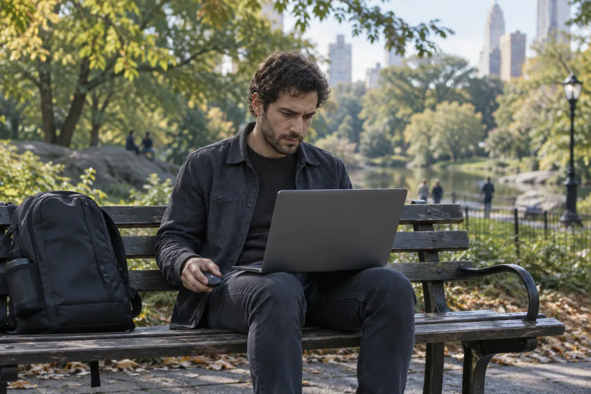 Illustrative scene: park visitor balancing a laptop on their lap and trying to use a mouse without a desk.