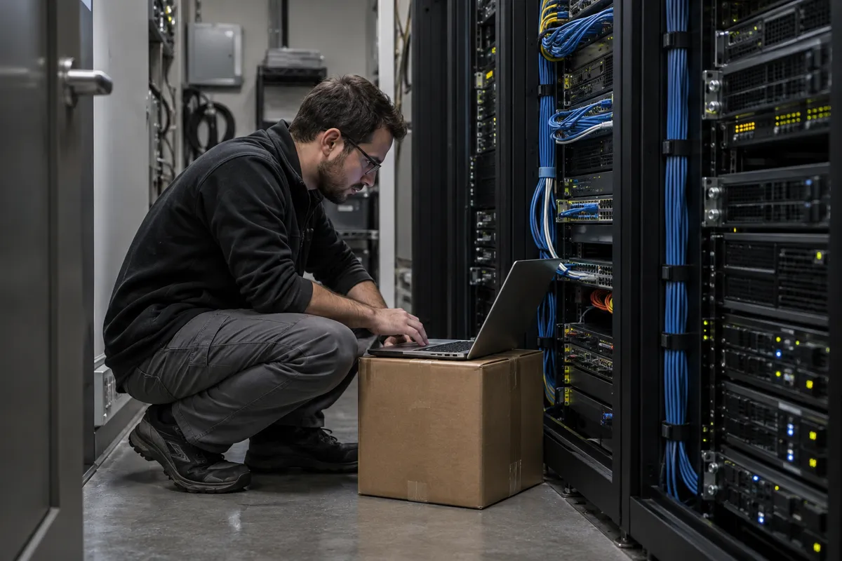 Illustrative scene: technician crouching beside server racks with a laptop on a cardboard box.
